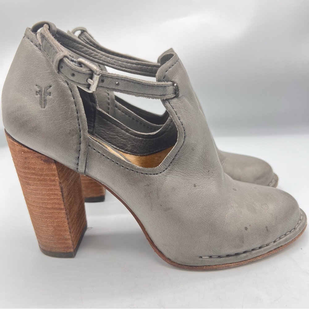 Gray Leather Cutout Block Heel Pumps
